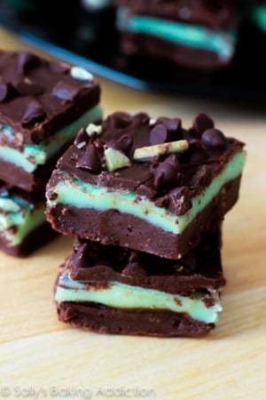 squares of Andes mint chocolate chip fudge