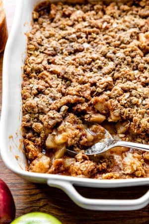 apple crisp in white baking dish