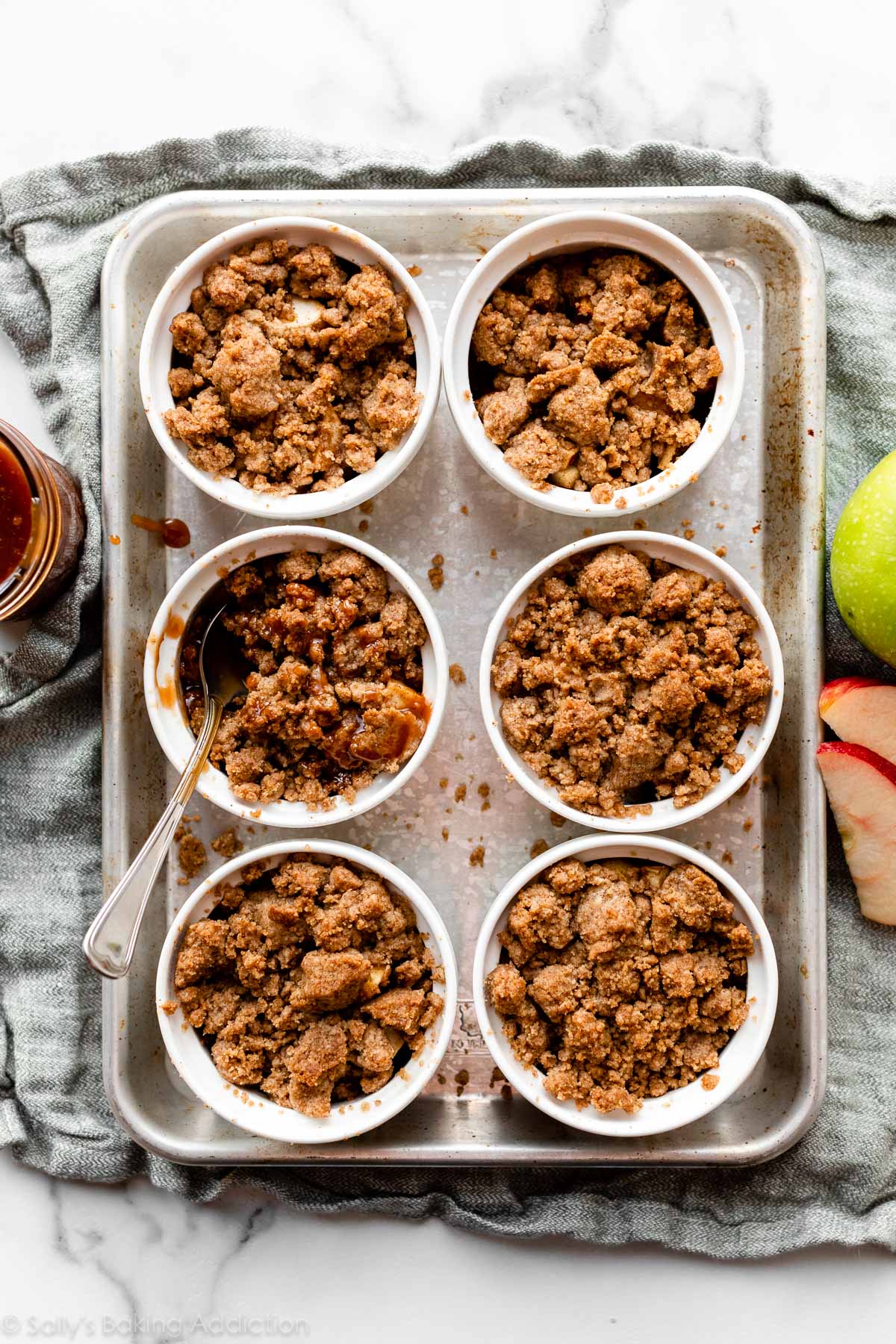 baked apple crumble in 6 individual ramekins