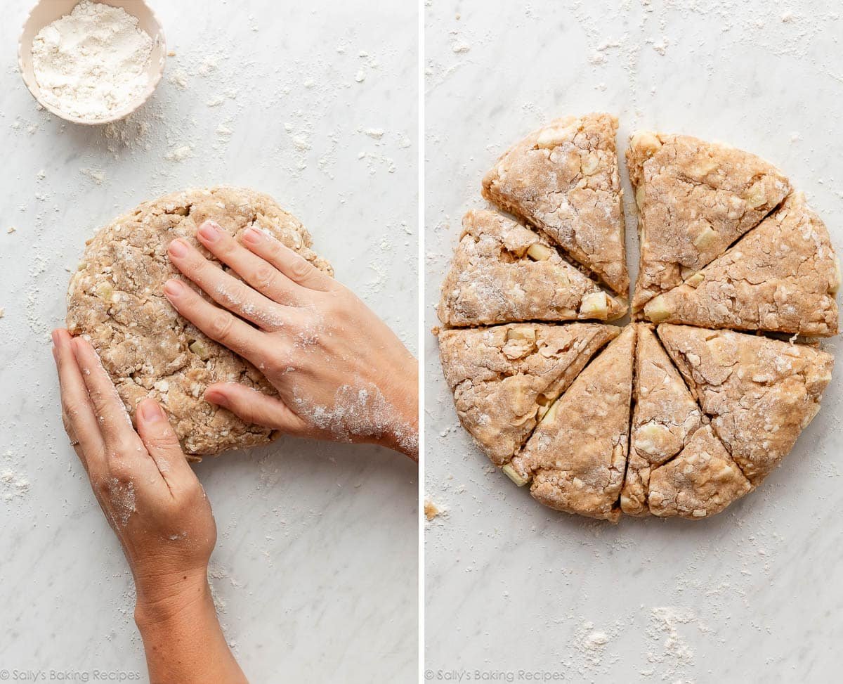 hands shaping dough and dough shown again cut into wedges.