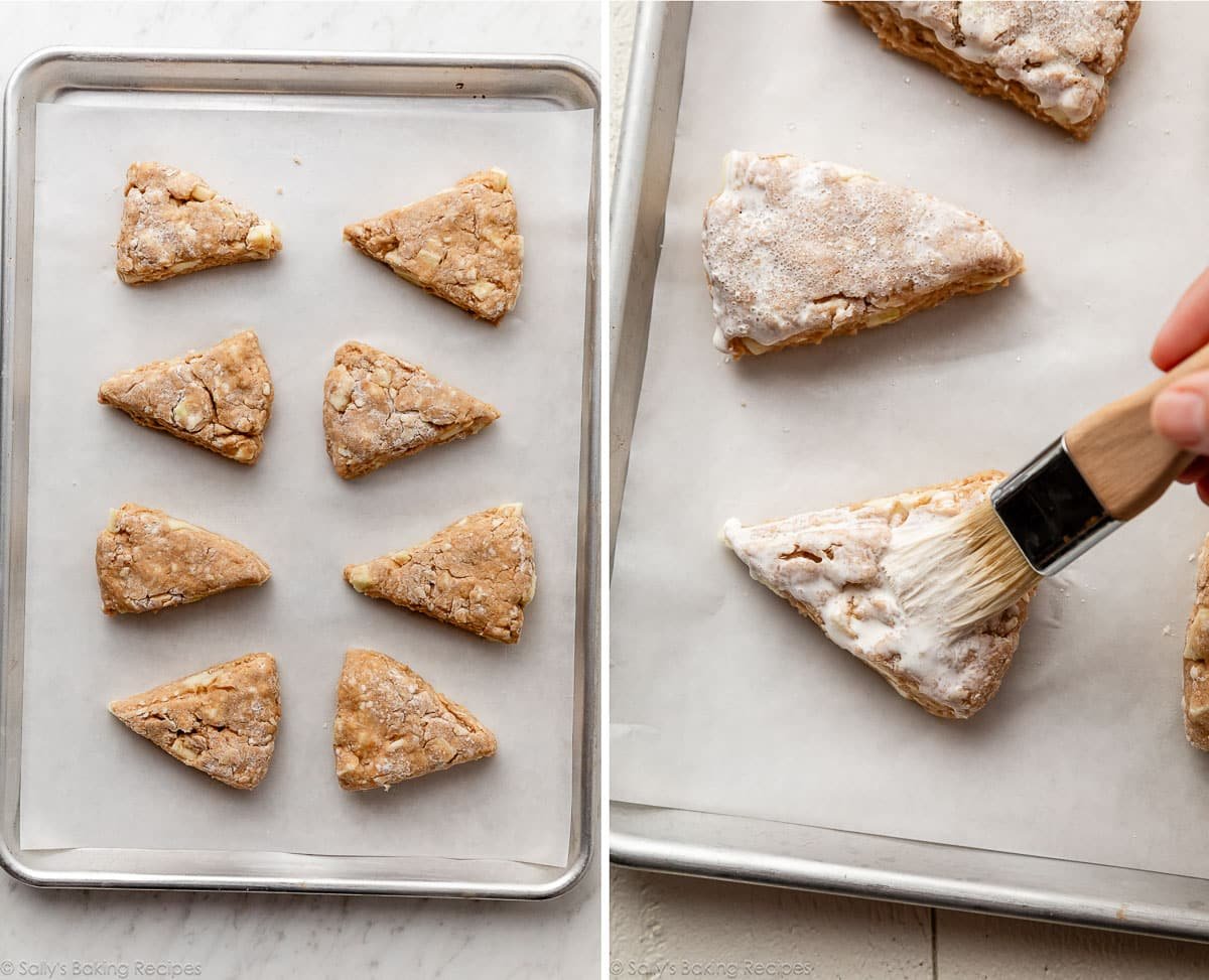 shaped scones on lined baking sheet and shown again with cream being brushed on top.