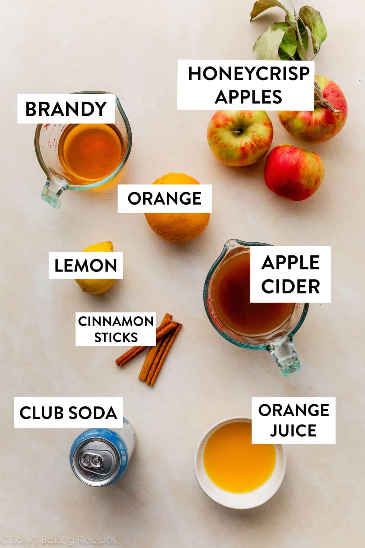 ingredients on beige backdrop including lemon, orange, brandy, apples, can of club soda, and apple cider.