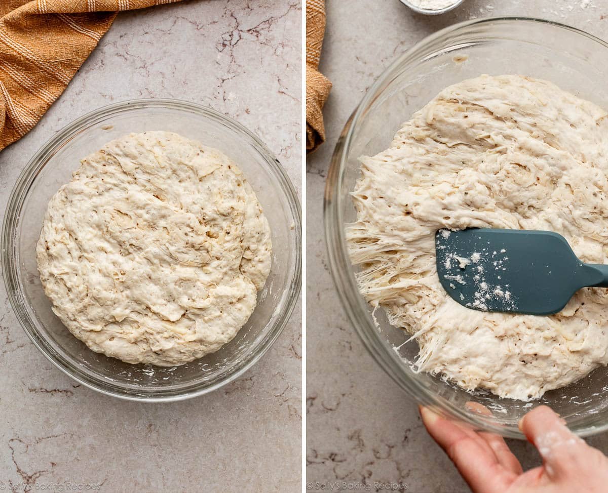 risen dough in glass bowl and shown again with blue spatula pulling it from the sides of the bowl.