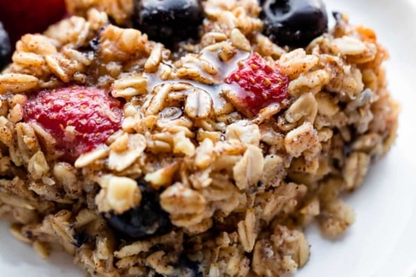 square of baked oatmeal on a white plate