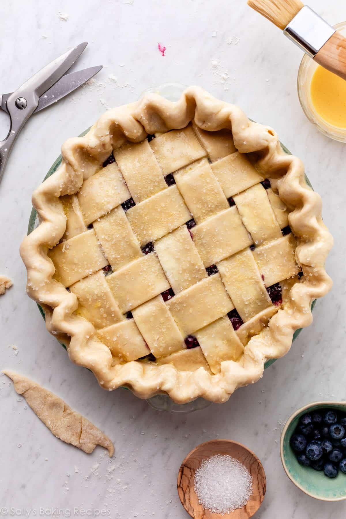 triple berry lattice pie before baking.