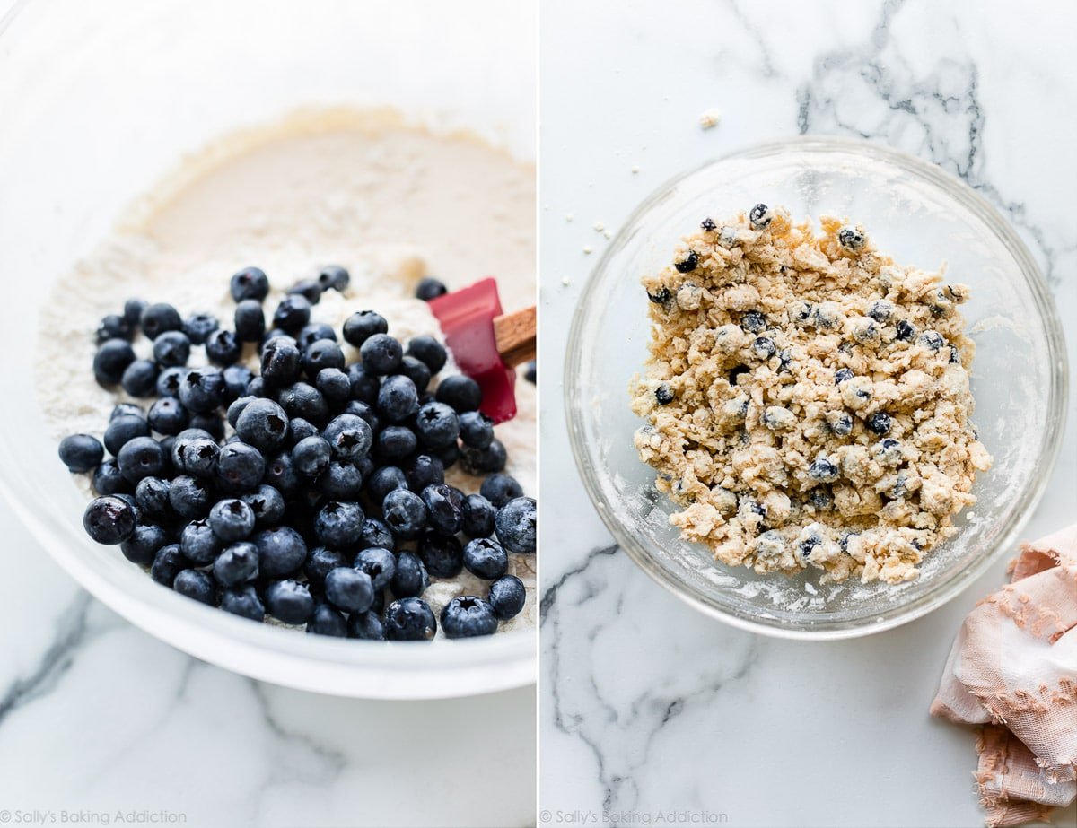 2 images of blueberry scone dough in mixing bowls