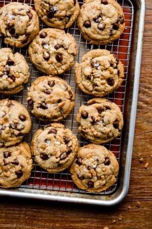 brown butter toffee chocolate chip cookies on cooling rack