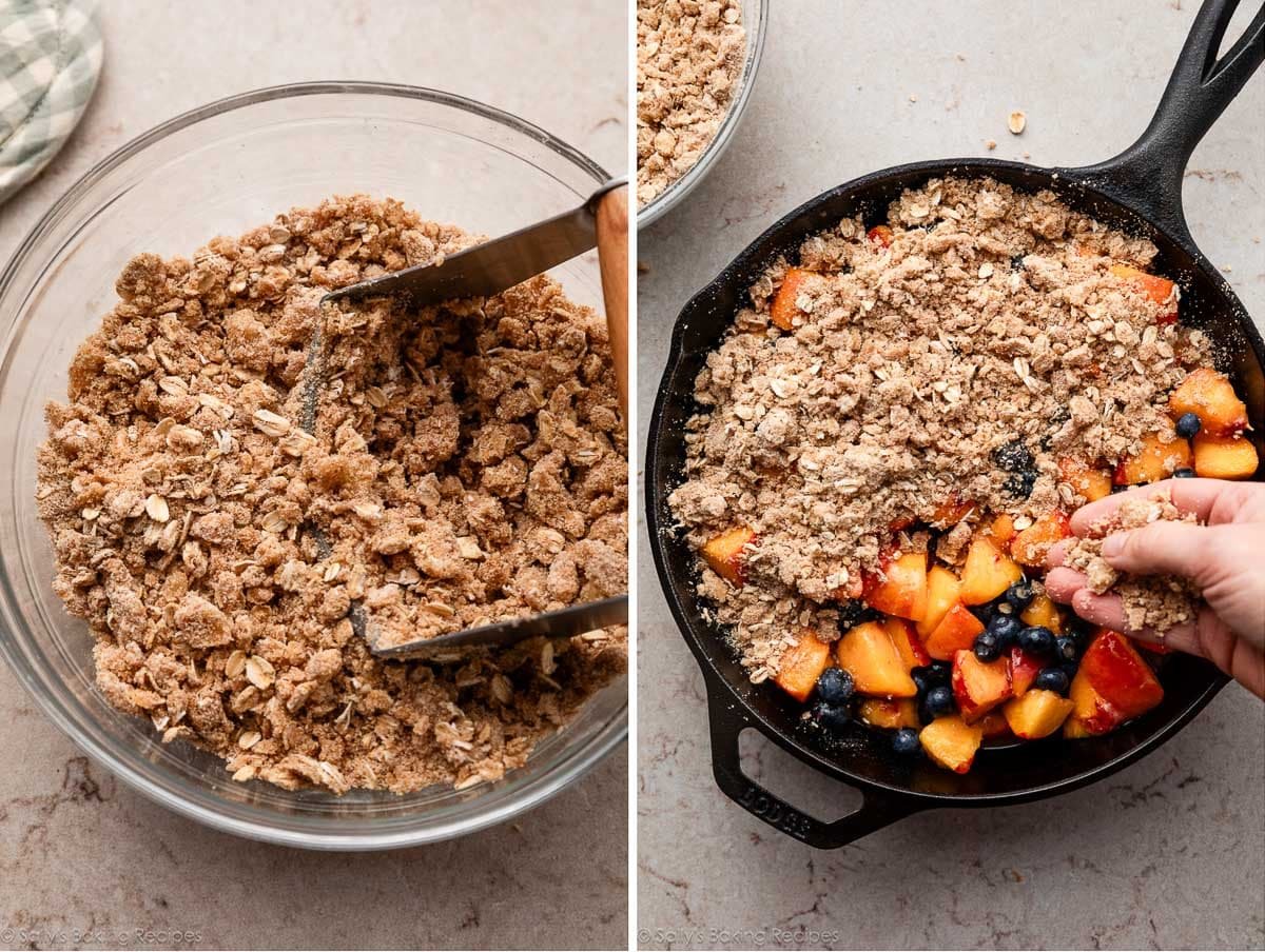 streusel oat topping in bowl and shown again being sprinkled over fruit filling.