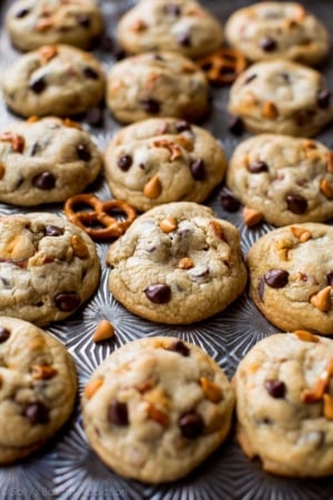 butterscotch pretzel chocolate chip cookies on a baking sheet