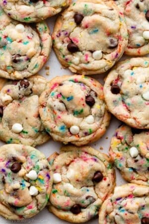 overhead of cake batter chocolate chip cookies with sprinkles.