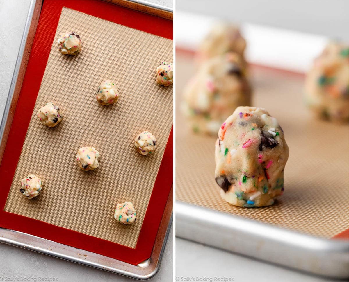 sprinkle cookie dough balls on silicone baking mat-lined baking sheet.