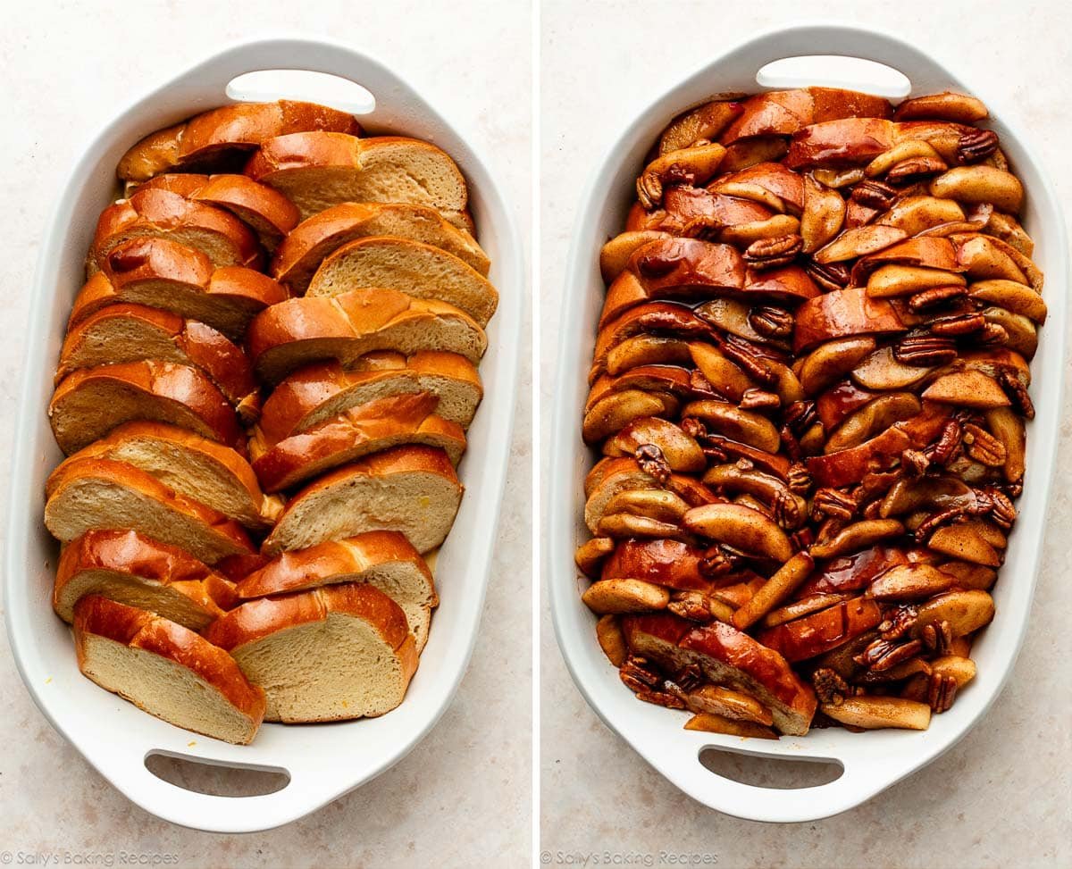 challah bread with egg custard mixture in white casserole dish and shown again with apple topping.