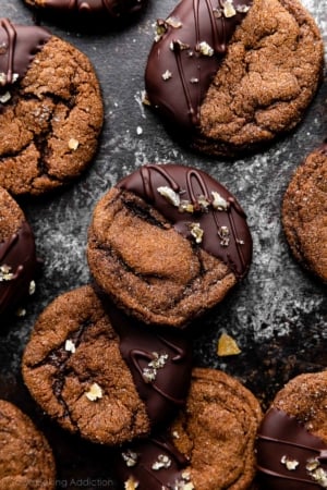 chocolate ginger molasses cookies dipped in dark chocolate and sprinkled with chopped crystallized ginger.