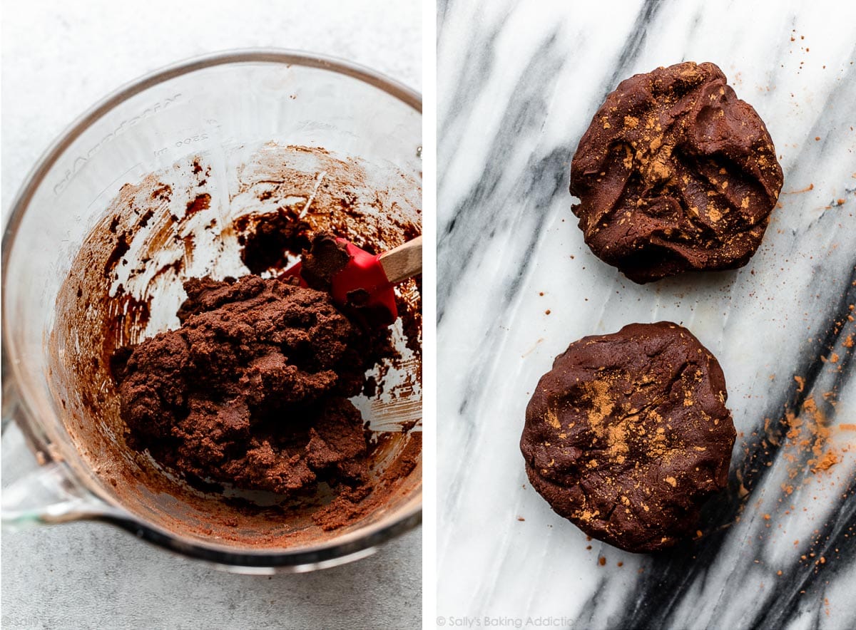 chocolate sugar cookie dough in glass bowl and divided in 2 on counter