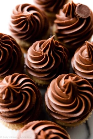 Overhead image of cupcakes topped with chocolate peanut butter frosting