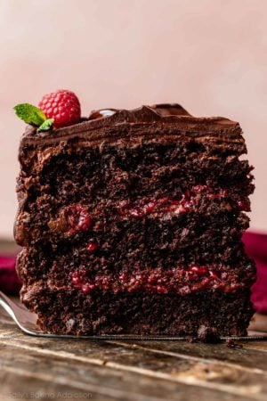 slice of 3-layer chocolate raspberry cake with chocolate raspberry ganache and raspberry filling.