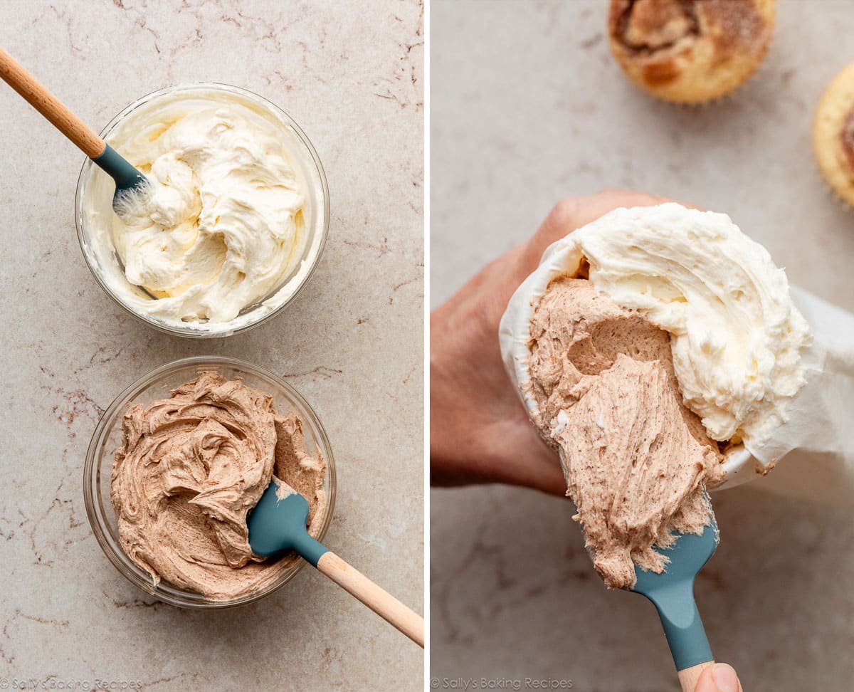 photo showing a bowl of white frosting and a bowl of cinnamon frosting and another picture showing scraping them into a piping bag.