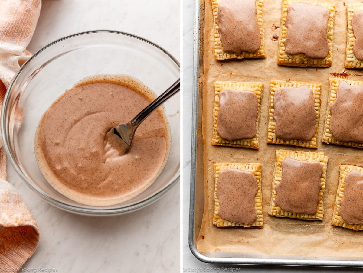 cinnamon icing in bowl and pictured again on hand pies.