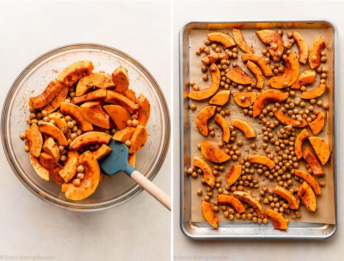 sliced butternut squash with chickpeas in glass bowl and shown again spread onto a lined baking pan.