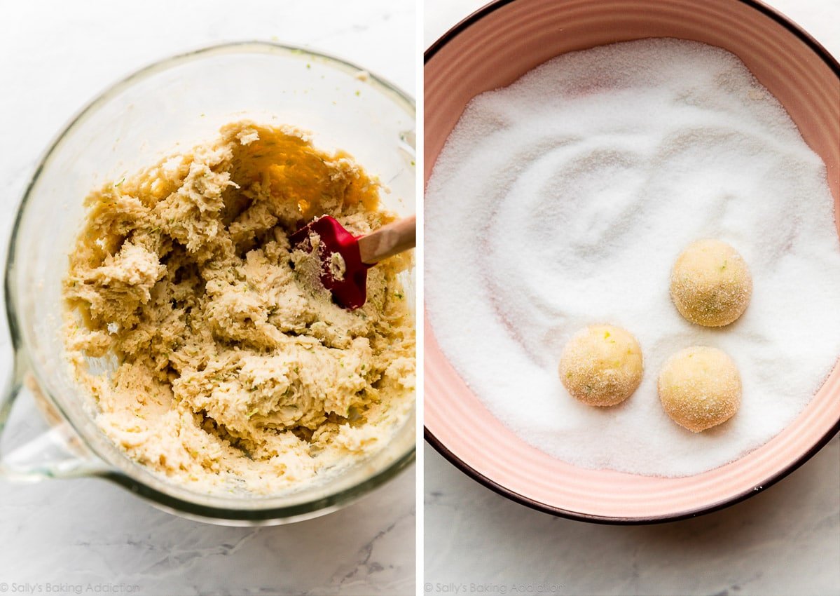 prepared cookie dough in mixing bowl next to a photo of cookie dough balls rolled in granulated sugar