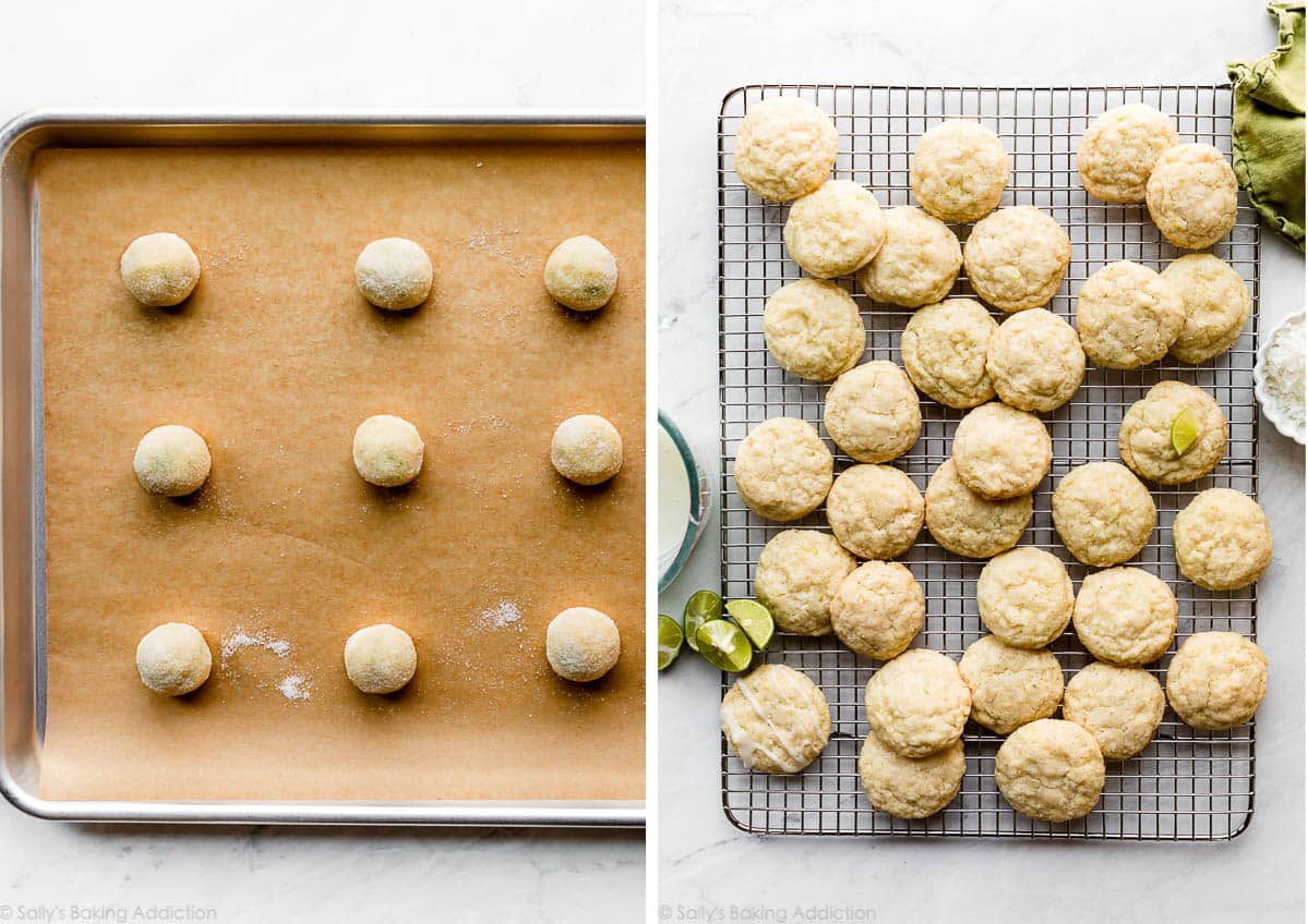 cookie dough balls before baking and baked cookies on wire rack