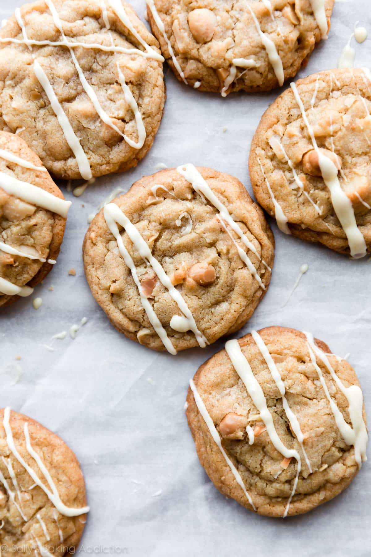 coconut macadamia nut cookies with white chocolate drizzle