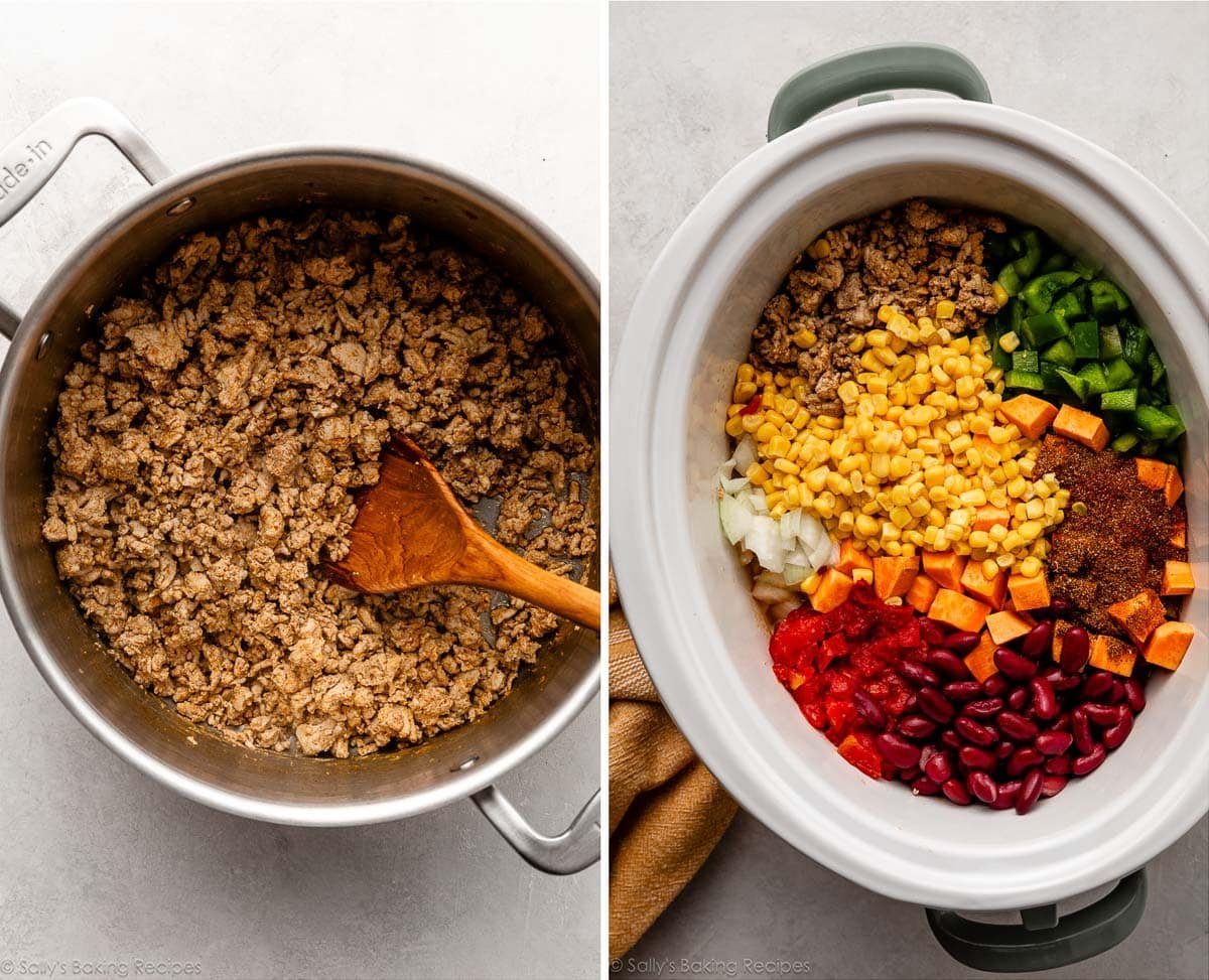 ground meat in big pot and shown again inside slow cooker with other ingredients on top of it.