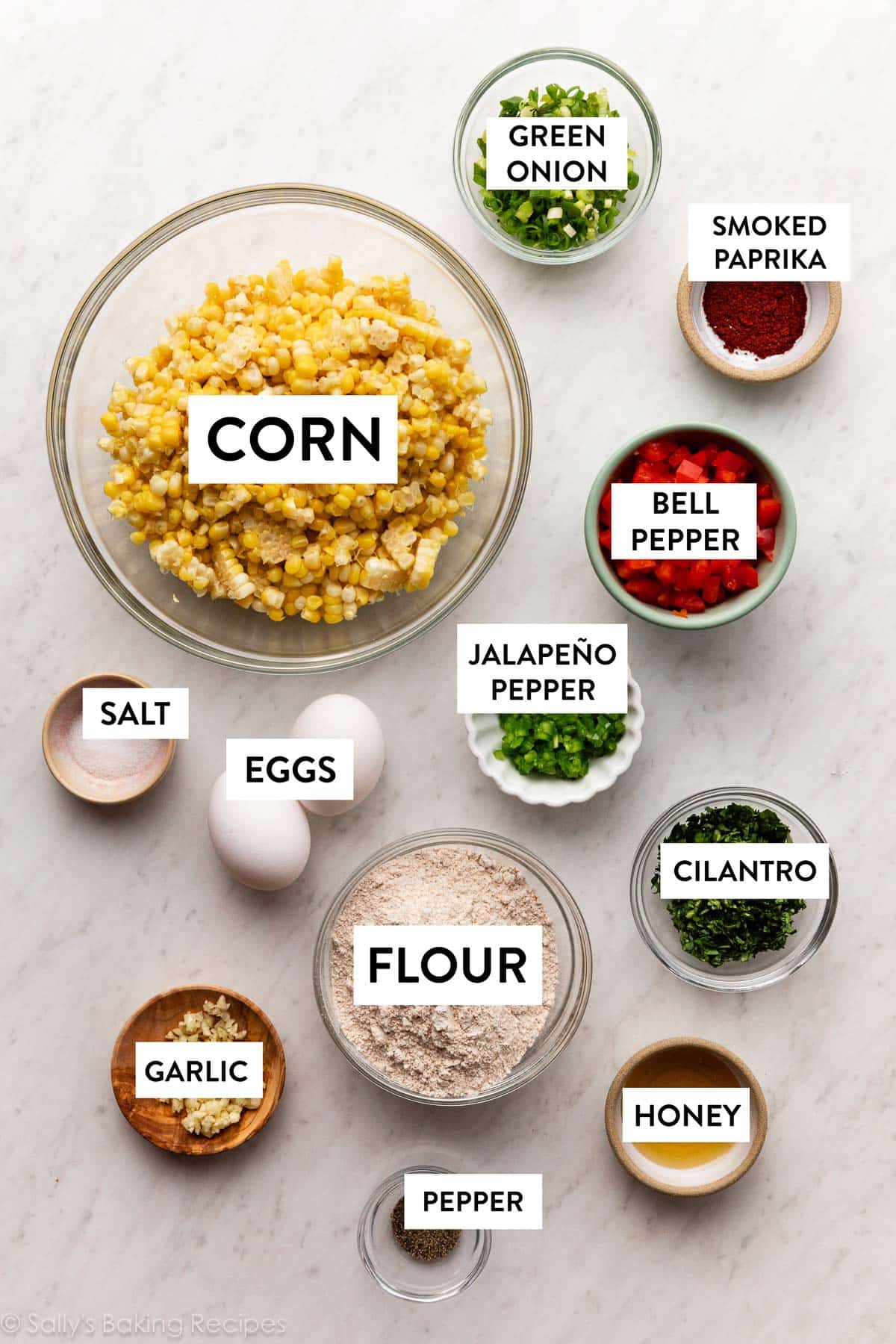 ingredients measured on counter including green onion, paprika, pepper, cilantro, flour, eggs, and garlic.