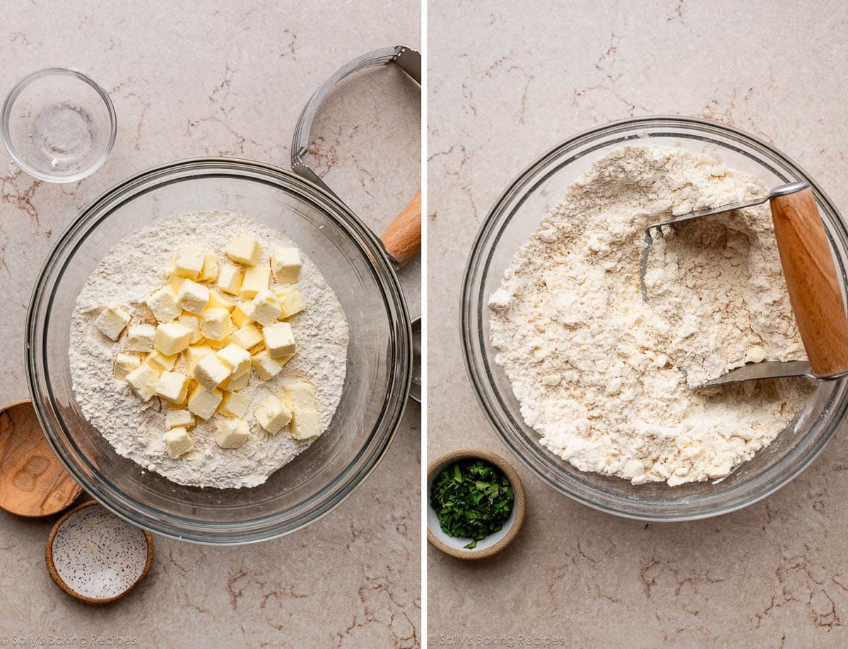 cubed butter in bowl with flour and shown again with pastry cutter.