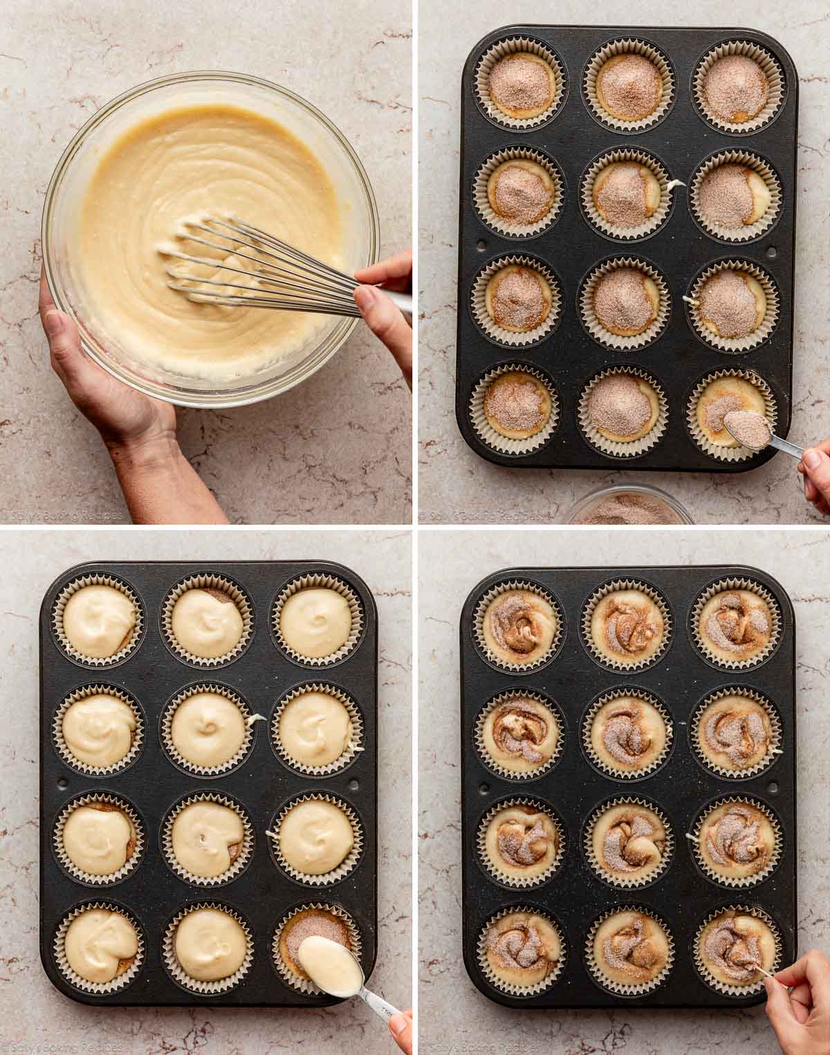 four photos in a collage showing layering batter into a cupcake pan with cinnamon sugar.