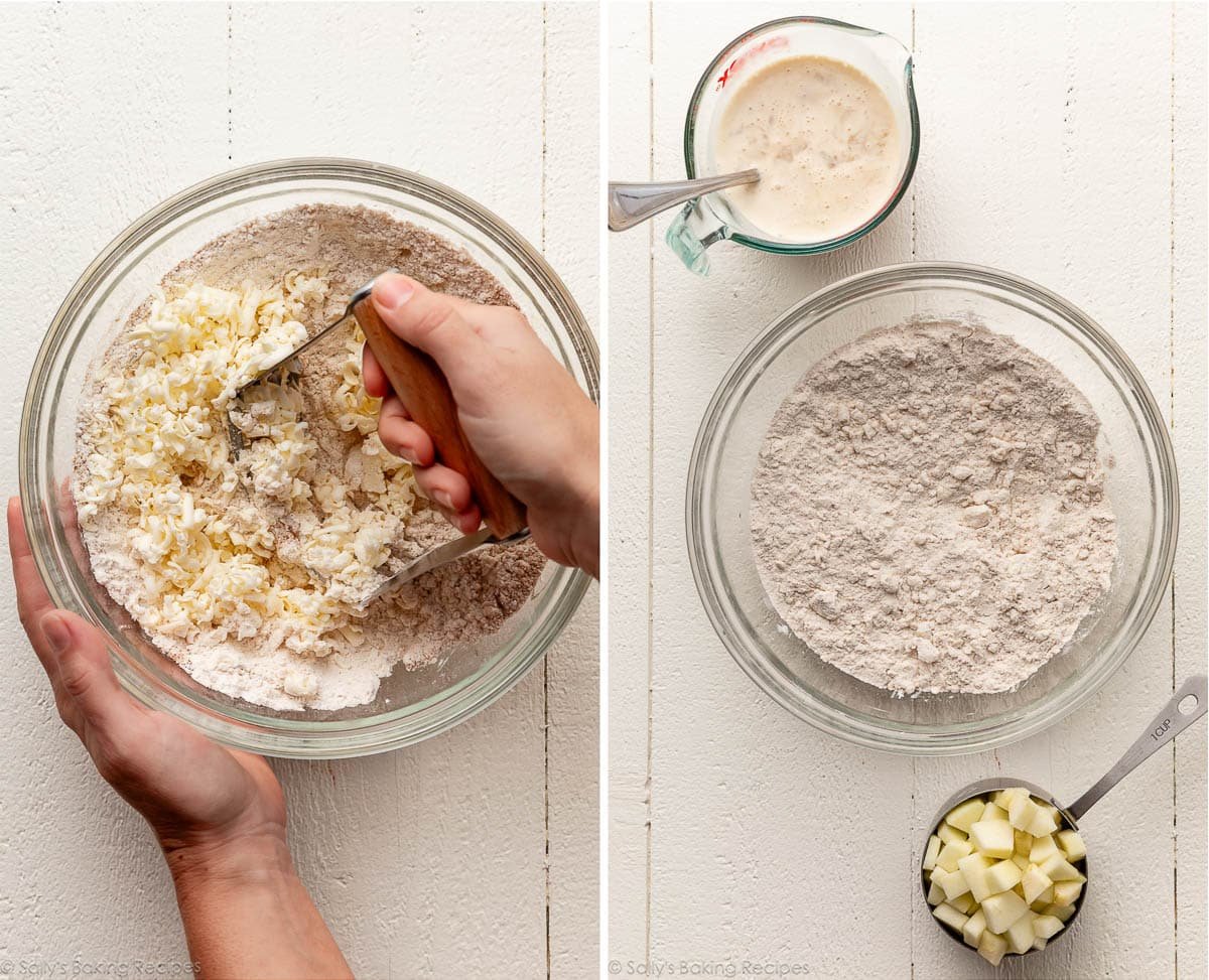 hands cutting in butter into dry ingredients and shown again with measuring cups.