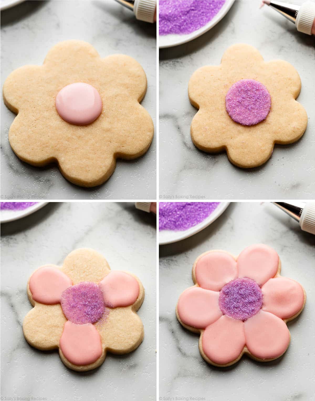 collage of photos showing icing being piped on flower-shaped cookie.