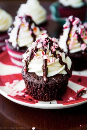 peppermint mocha cupcakes on a red and white plate