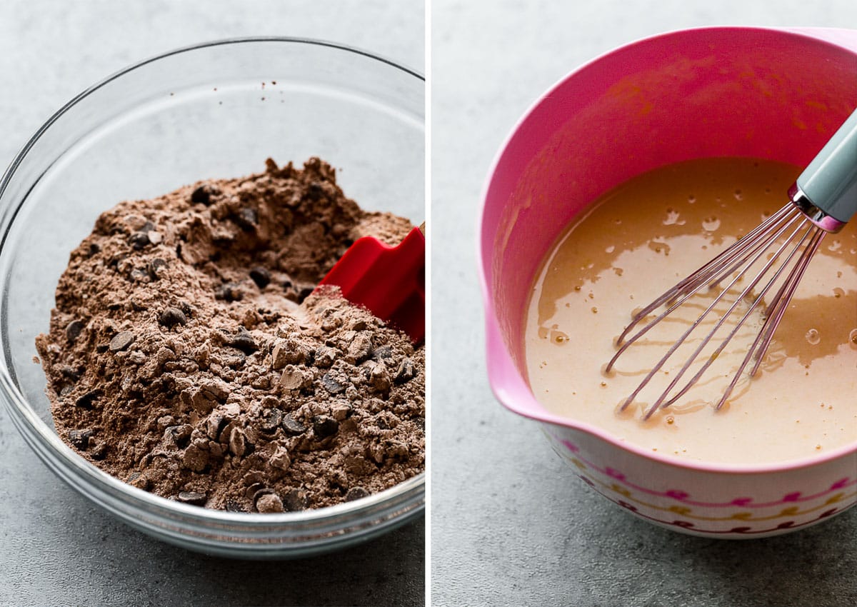 dry ingredients in glass bowl and wet ingredients in pink bowl