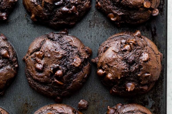 double chocolate muffins in muffin pan