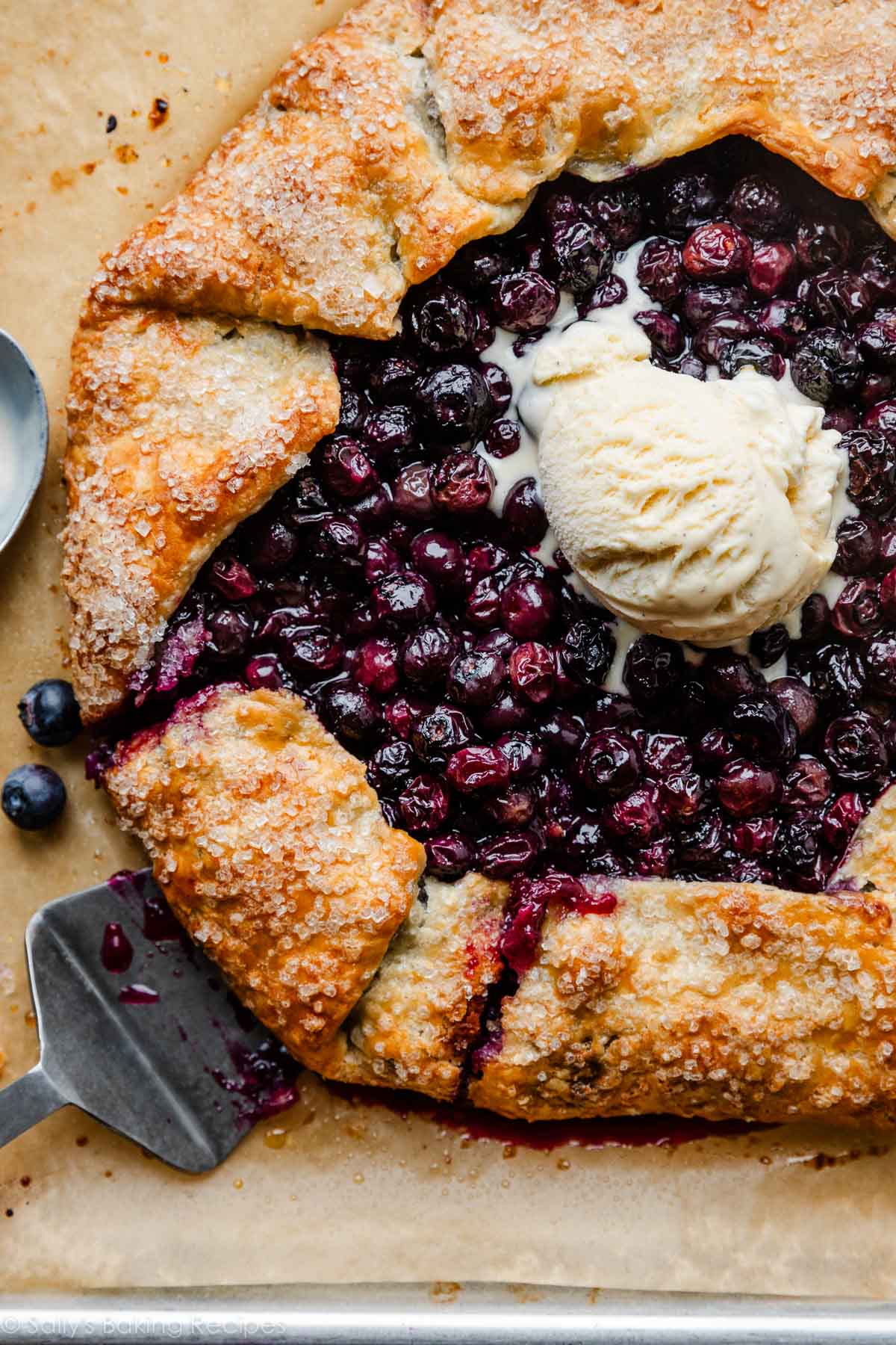 blueberry galette with vanilla ice cream on top.