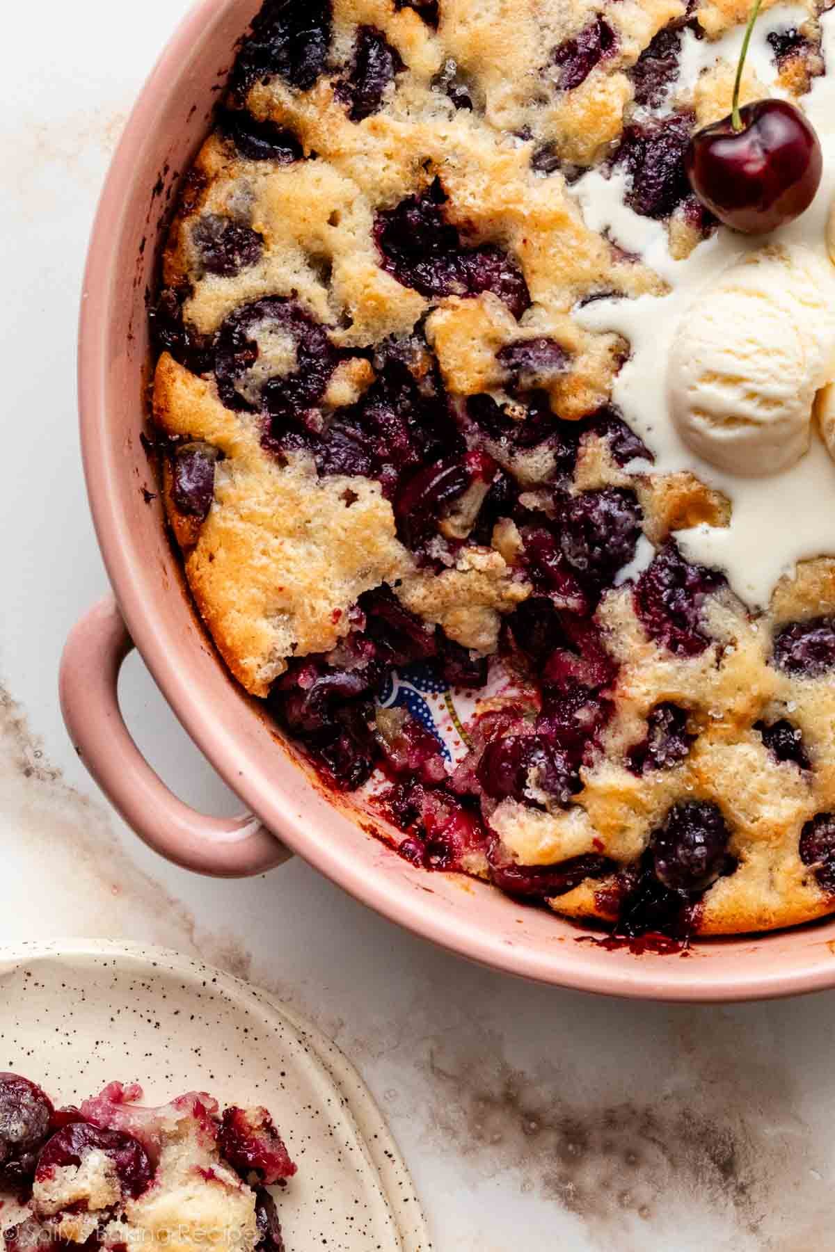 cherry cobbler with ice cream on top.