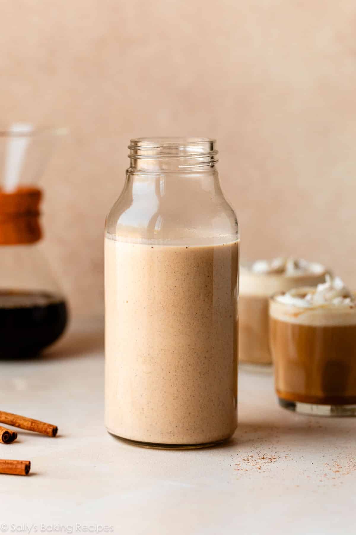 homemade pumpkin spice coffee creamer in glass jar.