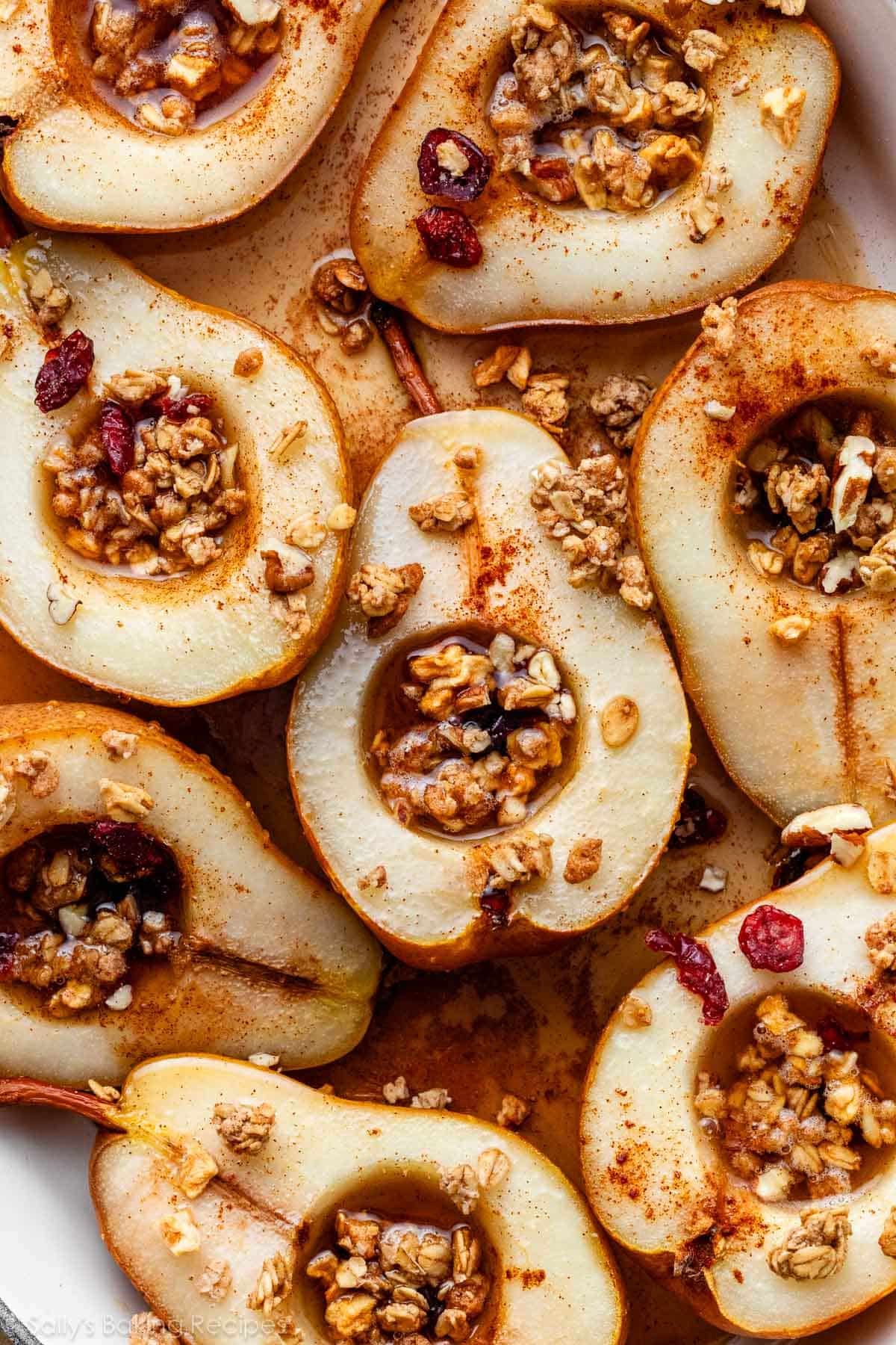 baked pears with maple syrup, cinnamon, and granola.