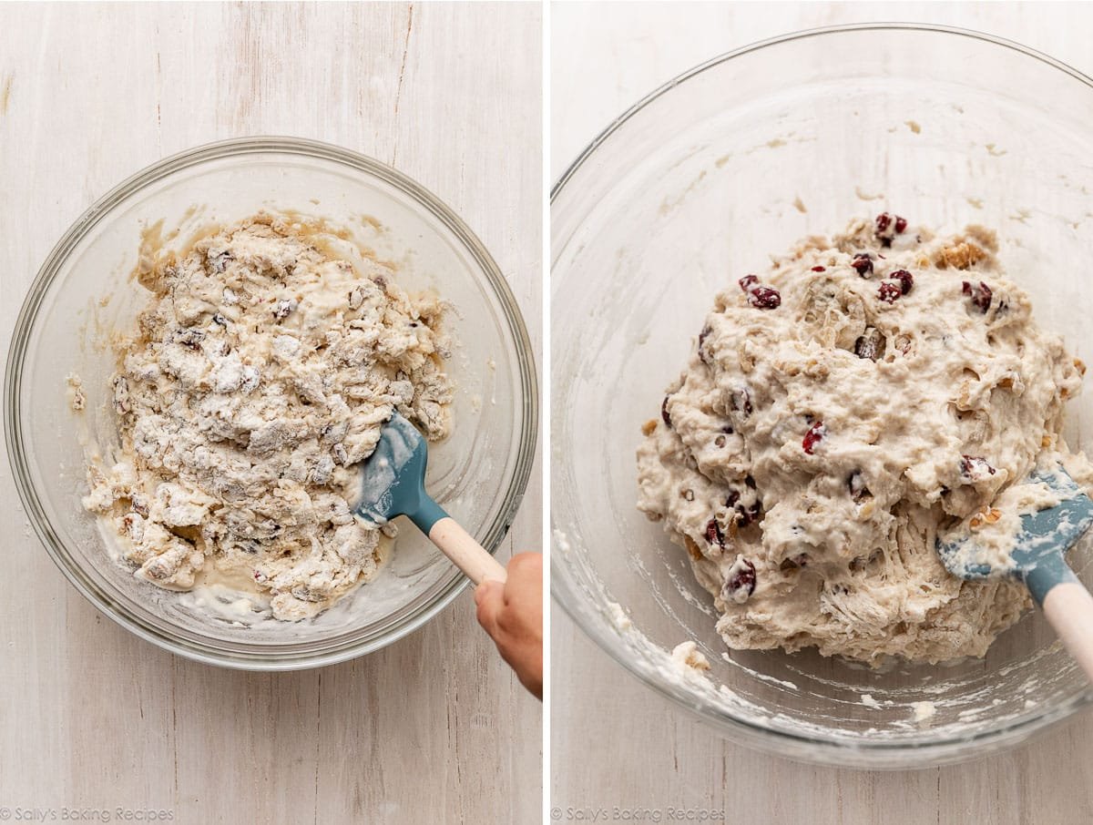 mixing flour and dough in glass bowl with blue spatula.