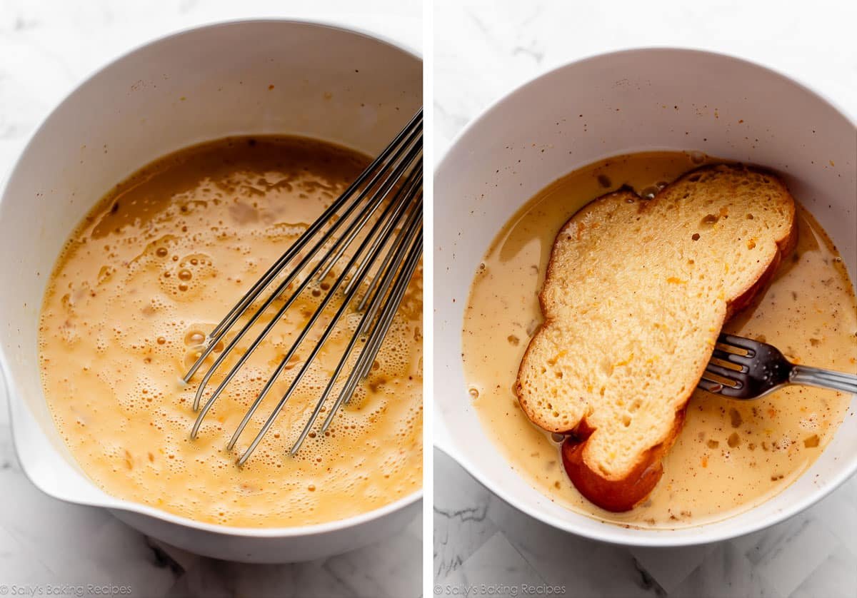 white bowl with egg mixture inside and shown again with a slice of bread being dipped in.