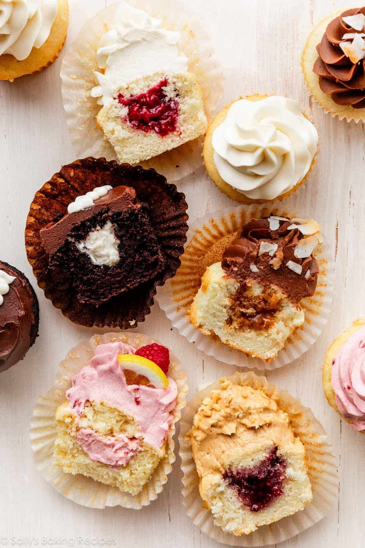 filled cupcakes including different flavors like chocolate, raspberry, lemon, caramel, and peanut butter and jelly.