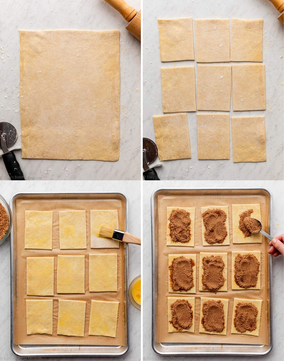 4 photo collage showing pie dough rolled into a rectangle, cut into 9 pieces, then with egg wash and filling on baking sheet.