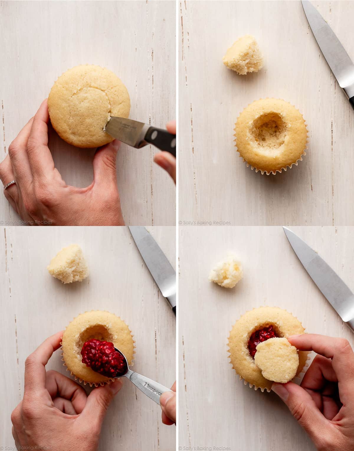 hands cutting open a cupcake and filling it with raspberry filling.