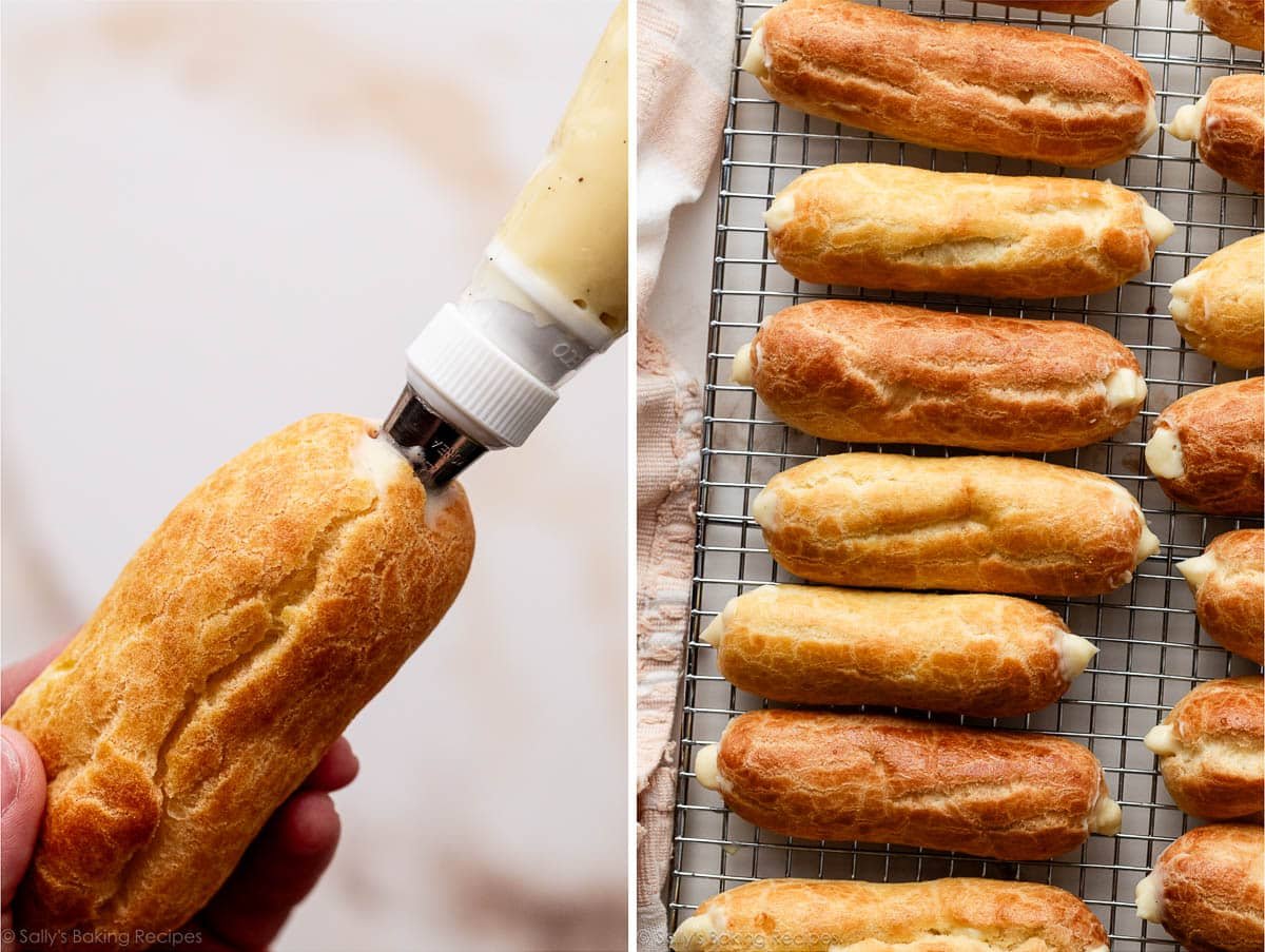 piping pastry cream into eclair shell and shown again with many of them filled.