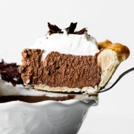 slice of French silk pie on a pie server