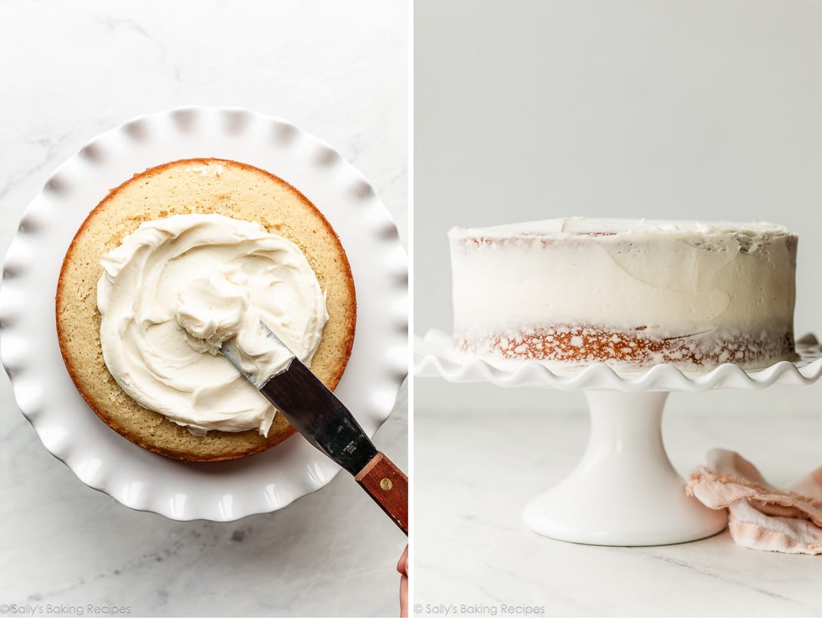 spreading frosting on white cake layer and cake shown again with crumb coat.