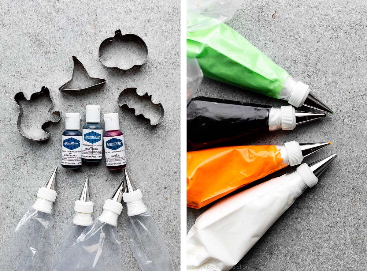 cookie decorating tools and colored royal icing pictured in piping bags