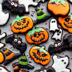 Halloween chocolate sugar cookies decorated with royal icing