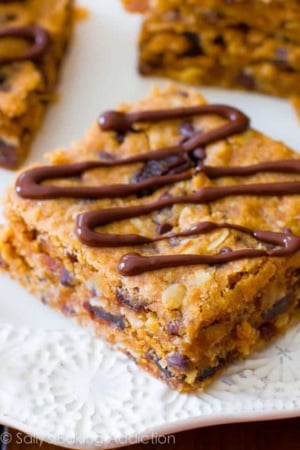 peanut butter chunk oatmeal bars on a white plate